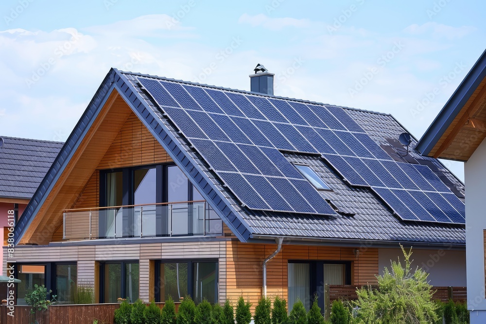 Fototapeta premium New suburban house with a photovoltaic system on the roof. Modern eco friendly passive house with solar panels on the gable roof