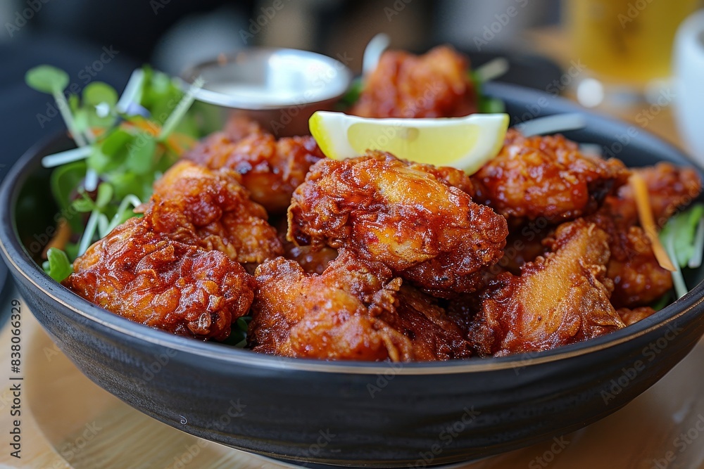 Karaage - Japanese-style fried chicken, often served with a wedge of lemon. Karaage - Japanese-style fried chicken, often served with a wedge of lemon.