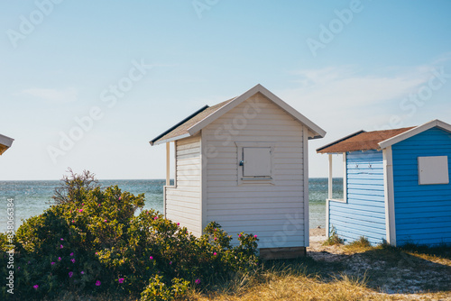 Skanör Strand in Südschweden. Farbfrohe Strandhütten in Schweden.  photo