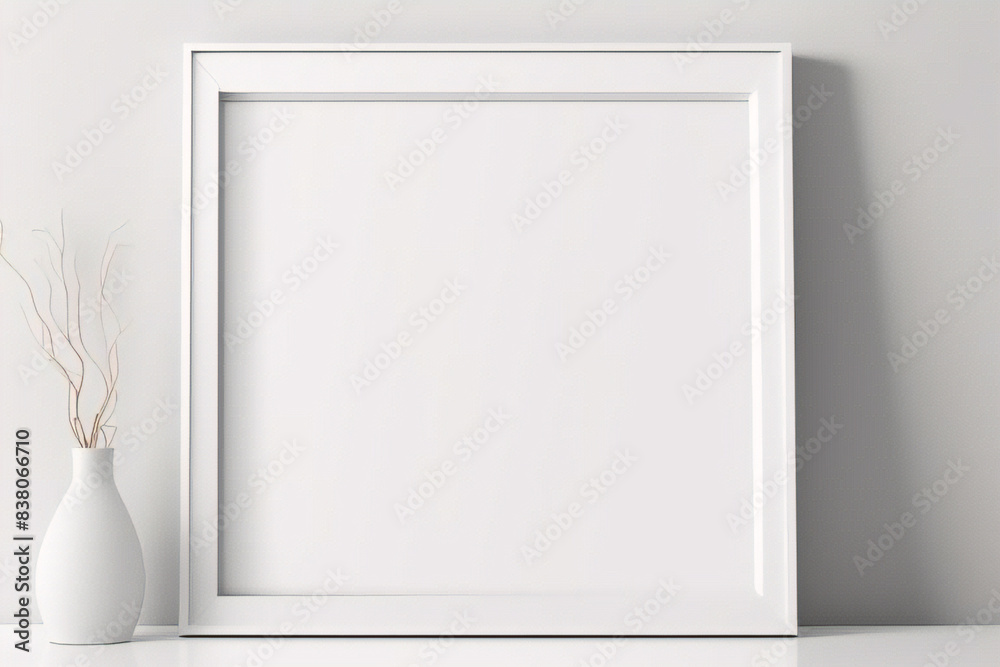 Maqueta de marco de póster de imagen de madera mínima sobre papel tapiz blanco Maqueta de marco de póster de imagen de madera mínima sobre papel tapiz blanco