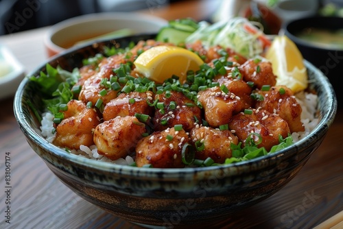 Karaage - Japanese-style fried chicken, often served with a wedge of lemon. 