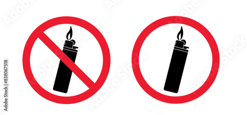 Stop, no entry for plastic gas cigarette lighter icon. Forbid lighters logo. For Flaming cigarette lighter. Pocket light fire symbol or logo. Smokers tools. Cigar, tobacco tool. Forbidden, red circle.