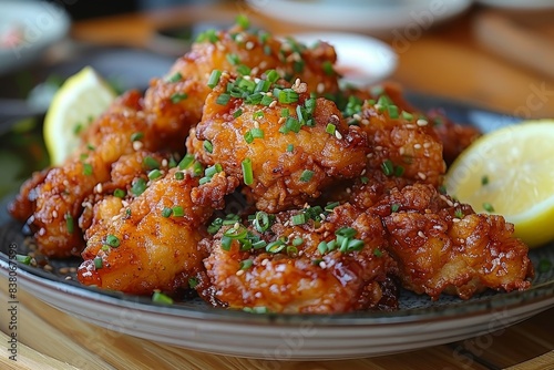 Karaage - Japanese-style fried chicken, often served with a wedge of lemon. 