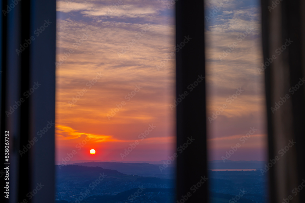 Window View over Landscape with Mountain in Sunset in Lucerne, Switzerland. Window View over Landscape with Mountain in Sunset in Lucerne, Switzerland.