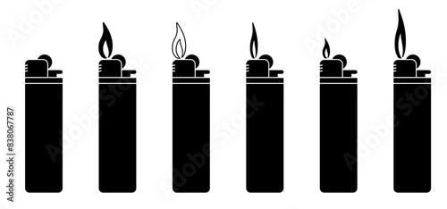 Cartoon plastic gas cigarette lighter icon. Lighters logo. For Flaming cigarette lighter. Fire symbol or logo. Smokers tools. Cigar, tobacco tool. Pocket lighter fire.