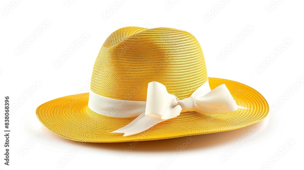 An antique straw hat from Panama. A woman's yellow summertime hat with a white ribbon set against a white background, Generative AI. An antique straw hat from Panama. A woman's yellow summertime hat with a white ribbon set against a white background, Generative AI.