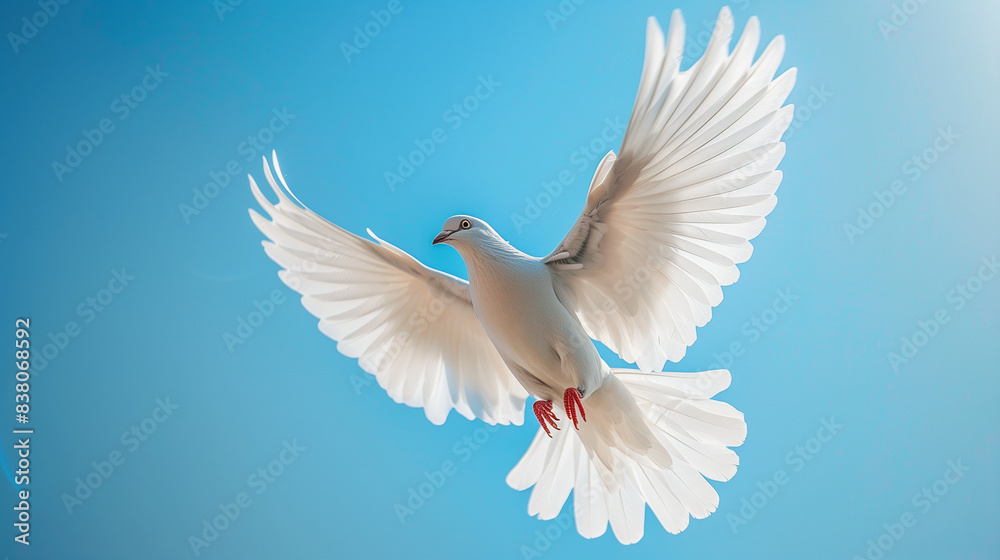 white dove flying in blue sky, closeup white dove flying in blue sky, closeup