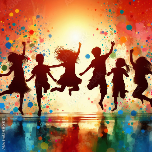 Cheerful and happy kids. silhouettes of children jumping in colorful background