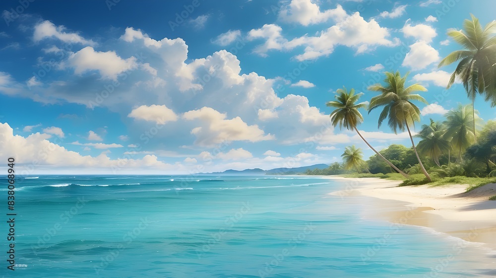 A breathtaking panorama of a sun-drenched tropical beach, where golden sands meet the shimmering turquoise ocean under a cloud-strewn blue sky, epitomizing the essence of summer bliss A breathtaking panorama of a sun-drenched tropical beach, where golden sands meet the shimmering turquoise ocean under a cloud-strewn blue sky, epitomizing the essence of summer bliss