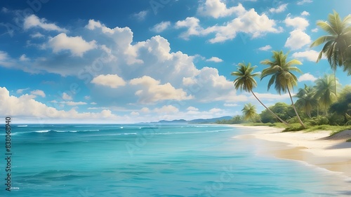 A breathtaking panorama of a sun-drenched tropical beach, where golden sands meet the shimmering turquoise ocean under a cloud-strewn blue sky, epitomizing the essence of summer bliss © Ashan