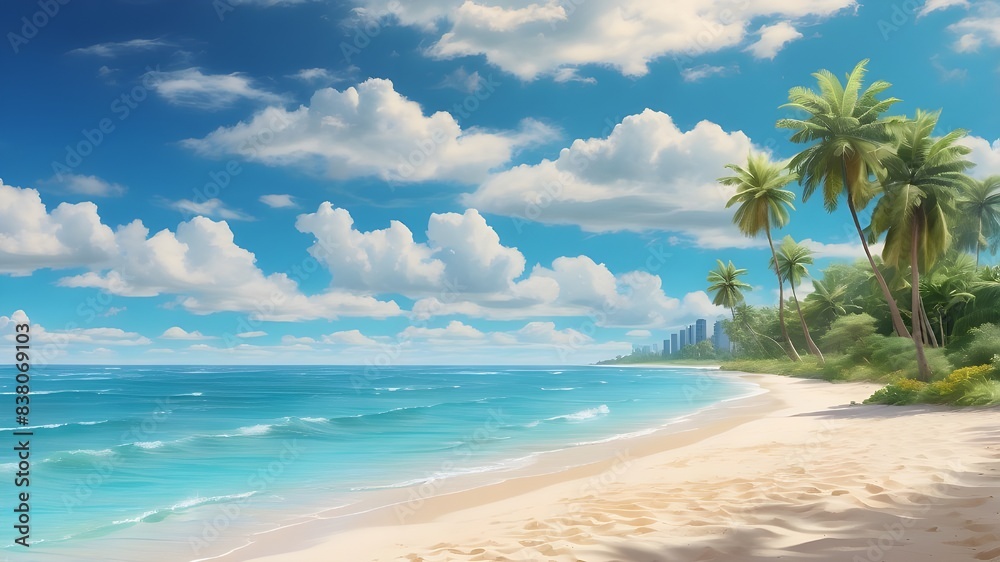 A picturesque view of a tropical beach with golden sand, turquoise ocean, and a clear blue sky dotted with fluffy white clouds, creating a vibrant summer scene. A picturesque view of a tropical beach with golden sand, turquoise ocean, and a clear blue sky dotted with fluffy white clouds, creating a vibrant summer scene.