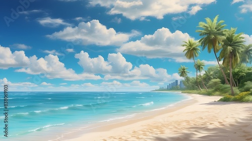 A picturesque view of a tropical beach with golden sand, turquoise ocean, and a clear blue sky dotted with fluffy white clouds, creating a vibrant summer scene. © Ashan