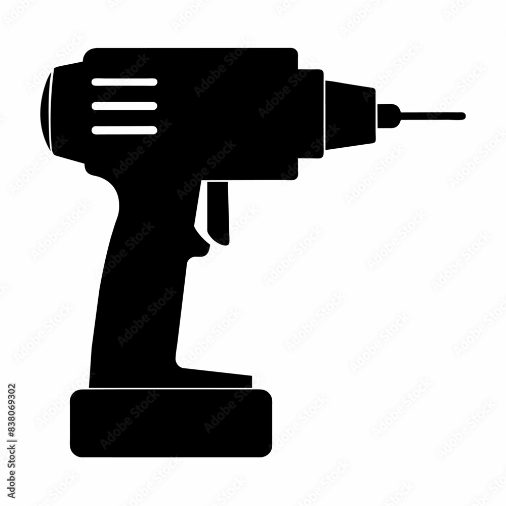 Black silhouette of a drill isolated on a white background. Concept of power tools illustration, minimalist style, construction tool. Print, icon, logo, template, pictogram, element for design. Black silhouette of a drill isolated on a white background. Concept of power tools illustration, minimalist style, construction tool. Print, icon, logo, template, pictogram, element for design.