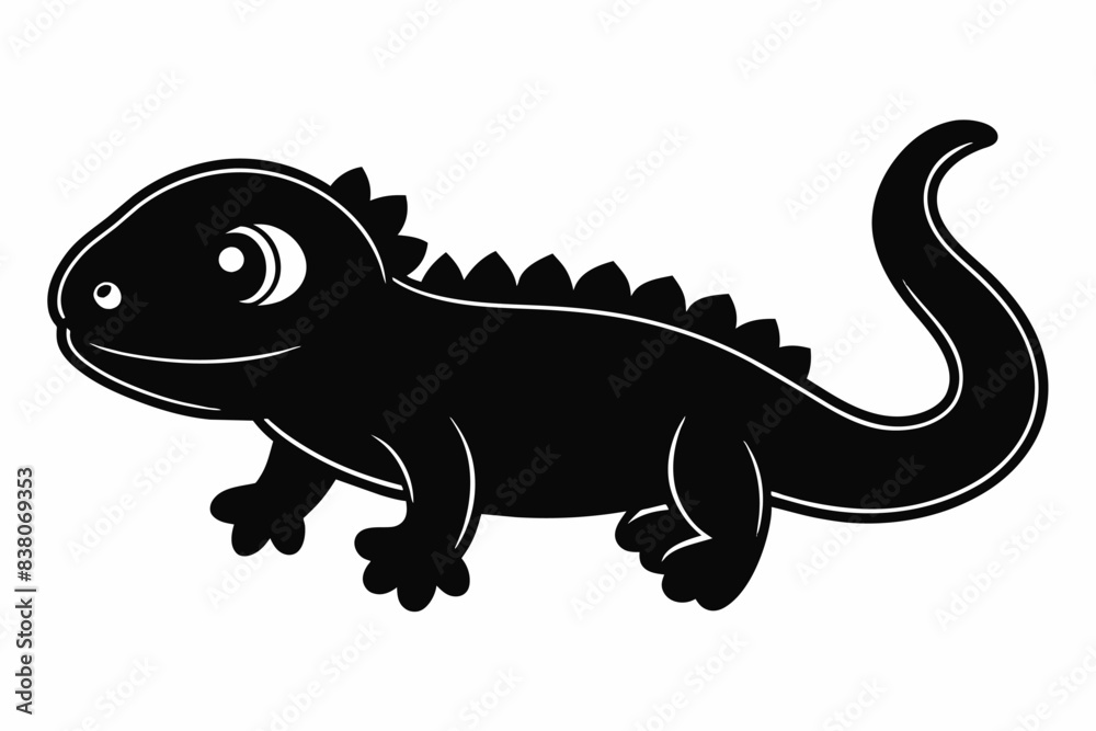 Fototapeta premium Black silhouette of iguana isolated on a white background. Concept of wild animal illustration, cartoon style, cute baby iguana. Print, icon, logo, template, pictogram, element for design.