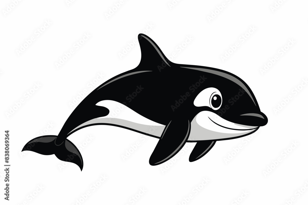Fototapeta premium Black silhouette of a killer whale isolated on white background. Concept of wild marine animal illustration, black and white design. Print, icon, minimalist art, element for design