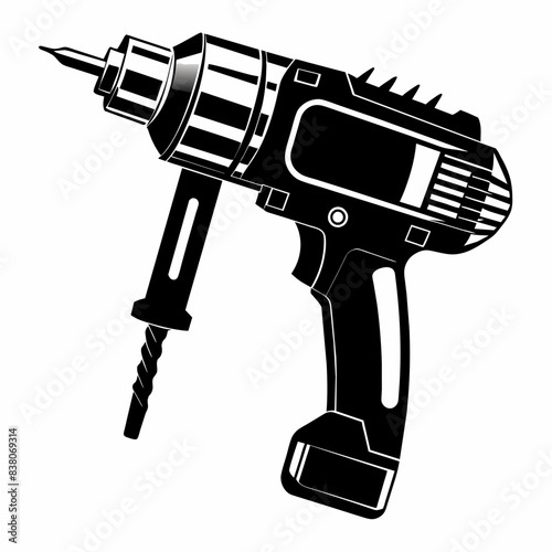 Silhouette of hammer drill isolated on white background. Powerful electric tool illustration for construction and industrial design. Print, icon, logo, template, pictogram, graphic element for design.