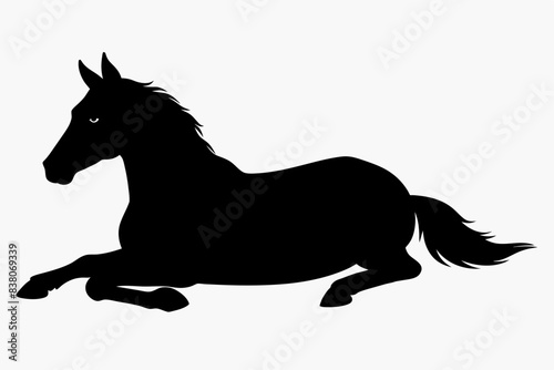 Black silhouette of a lying horse isolated on white background. Mustang illustration in minimalist style. Ideal for concept designs, prints, logos, templates, pictograms.