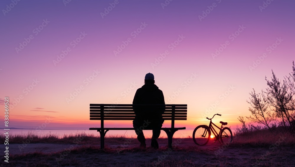 silhouette of a man sitting on a bench next to a bicycle at sunset silhouette of a man sitting on a bench next to a bicycle at sunset