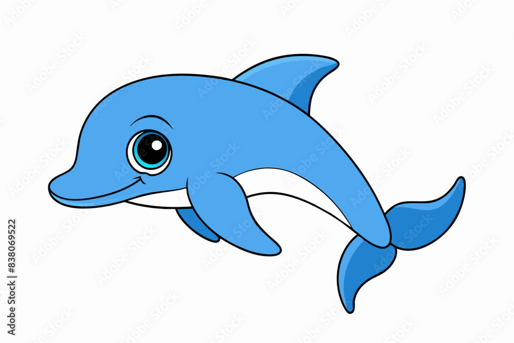Fototapeta premium Cute cartoon dolphin illustration isolated on white background. Concept of marine life, happy dolphin, childrens art, aquatic animal illustration. Print, icon, logo, template for design.