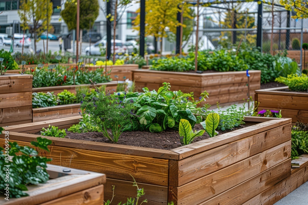 Wooden raised beds in modern urban garden with growing plants flowers herbs spices and vegetables