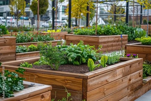 Wooden raised beds in modern urban garden with growing plants flowers herbs spices and vegetables