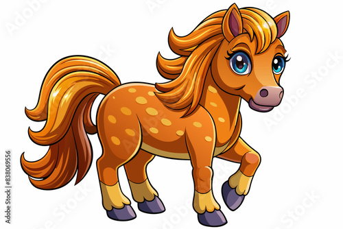 Charming cartoon pony with flowing mane and expressive eyes in a fun, playful style isolated on white background. Concept of cute animal illustration, fantasy entertainment, childrens art, cute horse