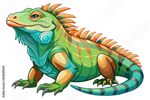 Vibrant green iguana with orange and blue stripes isolated on a white background. Concept of wild animal illustration, cute reptile, and minimalist style. Print, icon, logo, element for design.