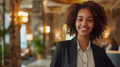 Smiling hotel receptionist greeting guests at the front desk in a luxurious lobby