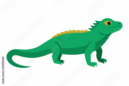 Green iguana isolated on white background. Illustration of lizard with striped body and detailed scales. Concept of wildlife, exotic animal, and tropical fauna. Print, icon, logo, element for design.