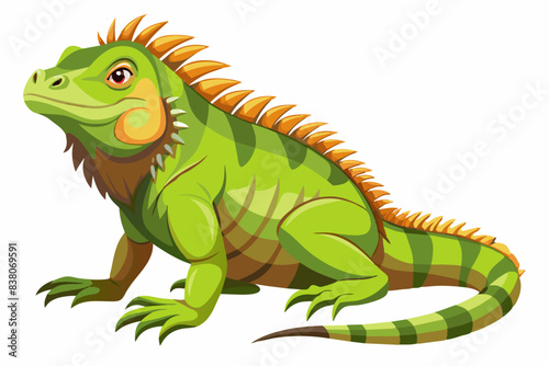 Green iguana isolated on white background. Illustration of lizard with striped body and detailed scales. Concept of wildlife, exotic animal, and tropical fauna. Print, icon, logo, element for design.