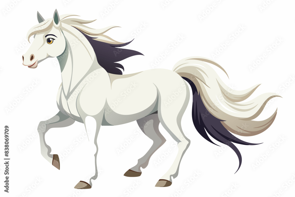 Graceful white horse isolated on white background. Concept of wild animal illustration, minimalist style, elegant stallion. Print, element for design Graceful white horse isolated on white background. Concept of wild animal illustration, minimalist style, elegant stallion. Print, element for design