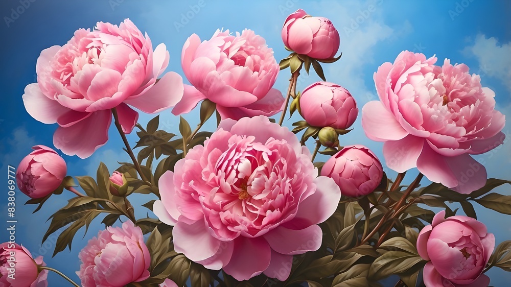 A stunning visual of pink peonies blooming gracefully against a serene blue backdrop, creating a captivating contrast of colors. A stunning visual of pink peonies blooming gracefully against a serene blue backdrop, creating a captivating contrast of colors.