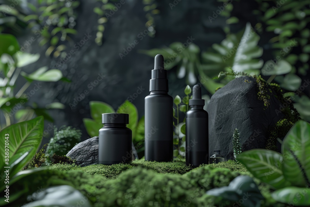 Mockup set organic beauty product bottles in nature background with jungle plants, green leaves on moss grass background. Blank black skincare product, cream lotion serum containers mock up template