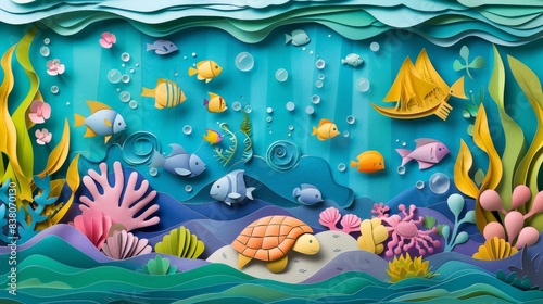 Colorful Underwater Scene with Paper Art Fish, Coral, and Sea Turtle in a Vibrant Ocean Environment