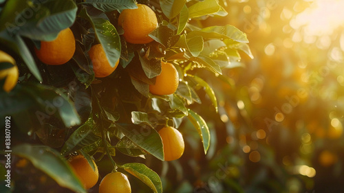 Fresh ripe oranges hanging on trees in orange garden