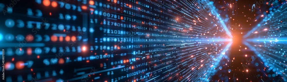 Naklejka premium Abstract Digital Data Stream Background with Binary Code and Light Effects, Futuristic Technology Concept, High-Speed Data Transfer, Cybersecurity, and Information Technology