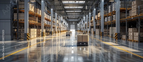 Modern Automated Warehouse with Robotic Vehicles and High Shelving Units for Efficient Storage and Distribution