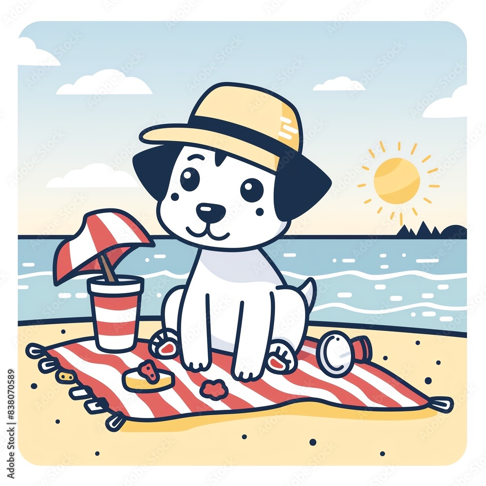 Naklejka premium Cute cartoon dog wearing a hat enjoying a day at the beach. The dog is sitting on a beach towel with a drink, sunglasses and coconut.