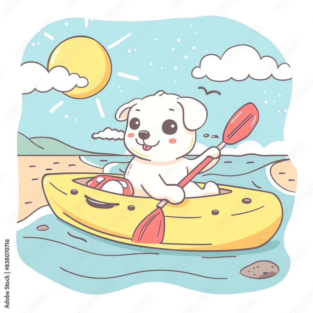Naklejka premium A cute cartoon dog paddles a yellow kayak on a sunny day. The dog is smiling and has a life preserver nearby.