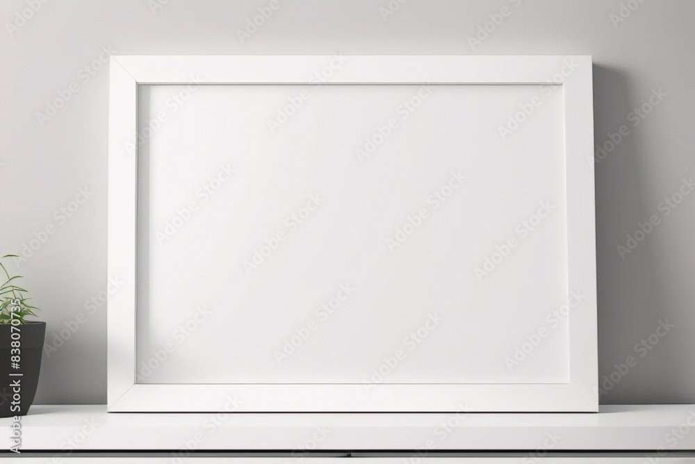 Maqueta de marco de póster de imagen de madera mínima sobre papel tapiz blanco Maqueta de marco de póster de imagen de madera mínima sobre papel tapiz blanco