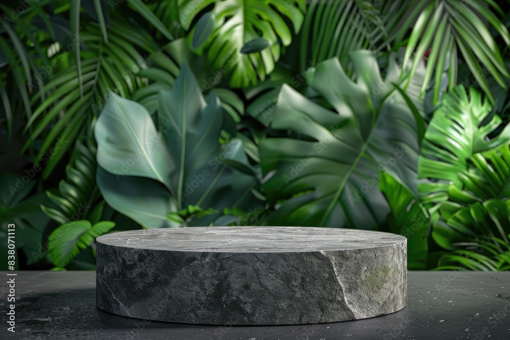 Round gray stone cosmetics product advertising podium stand with tropical leaves background. Empty natural stone pedestal platform to display beauty product. Mockup Round gray stone cosmetics product advertising podium stand with tropical leaves background. Empty natural stone pedestal platform to display beauty product. Mockup