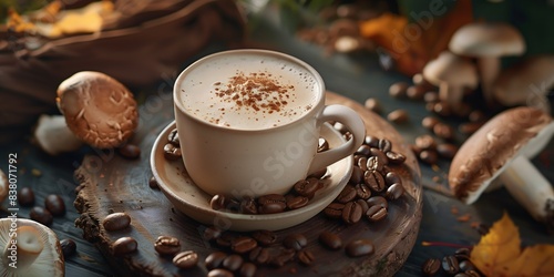 A white coffee cup with a brown and white swirl pattern sits on a wooden table. The table is covered with coffee beans, mushrooms, and leaves. The scene conveys a cozy and inviting atmosphere
