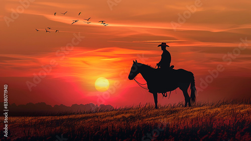 Silhouette of cowboy on horseback against sunset sky background © Yuwarin