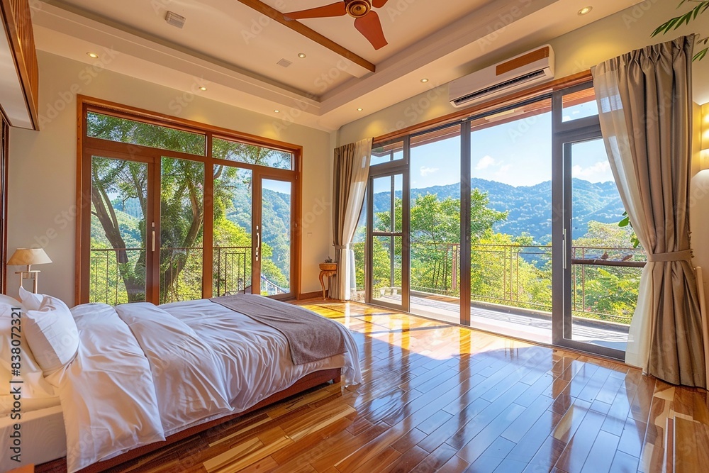 Fototapeta premium Bright and airy room with large windows providing wide scenic views, calm and peaceful atmosphere