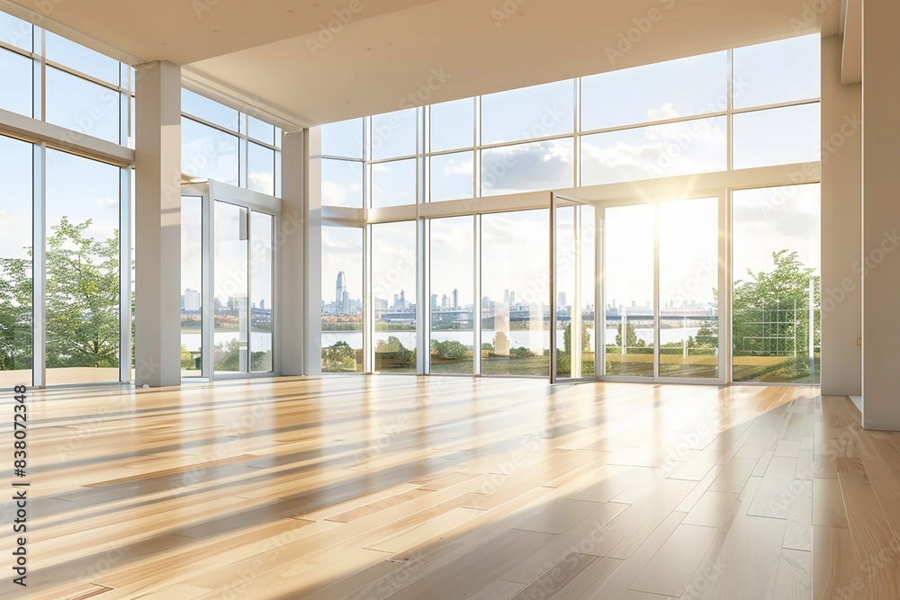 Fototapeta premium Large open space with sunlight streaming through wide windows, offering a peaceful and expansive view