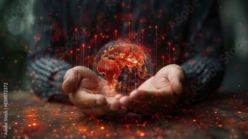 A Business man standing by holding the world on his hand with technology