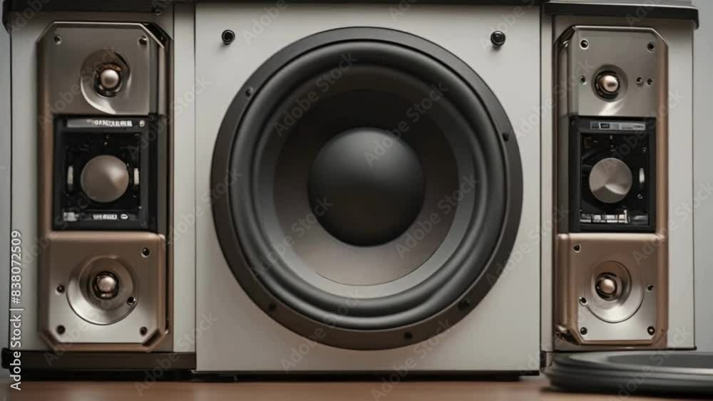 In this macro closeup photograph, we witness the smooth transition between two horizontally positioned music speakers. These speakers are enhanced with bass membranes on their woofers, which create a In this macro closeup photograph, we witness the smooth transition between two horizontally positioned music speakers. These speakers are enhanced with bass membranes on their woofers, which create a