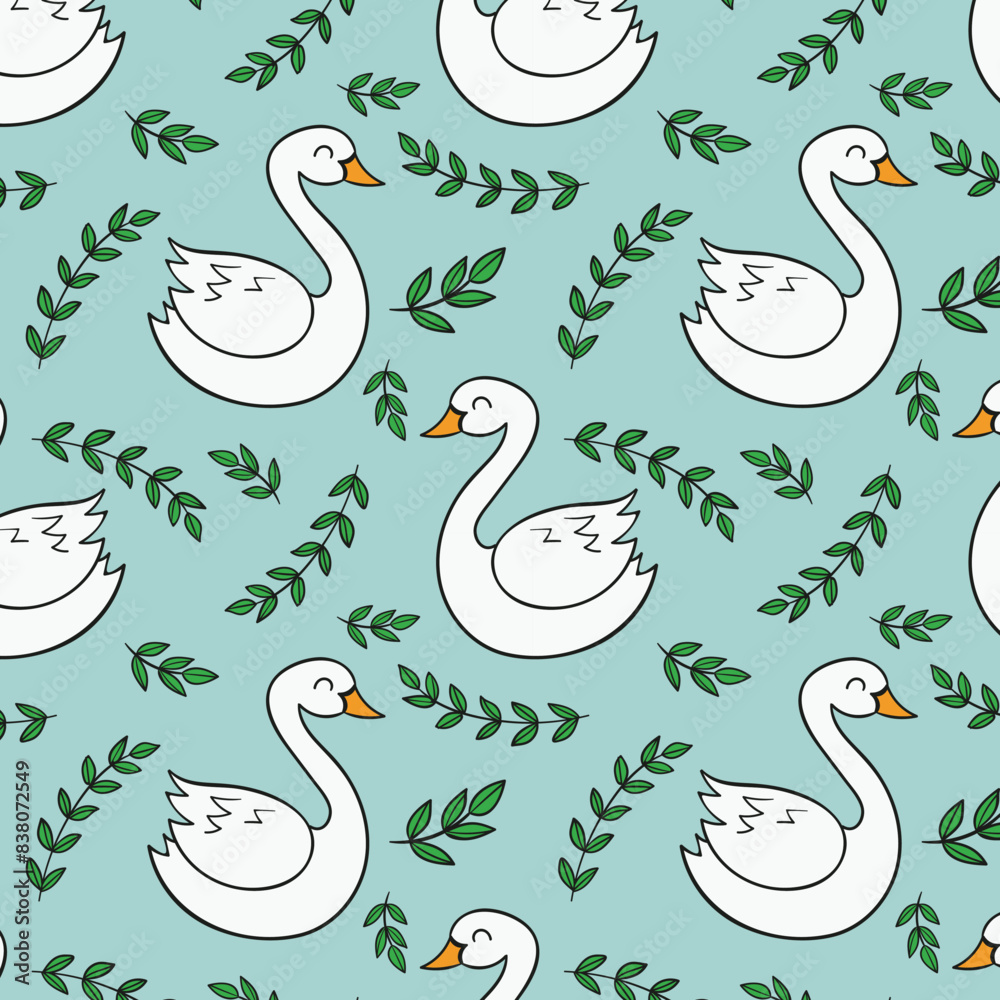 Obraz premium Cute hand drawn Swan and Flowers - vector print. Seamless pattern with cartoon swan, flowers, leaf