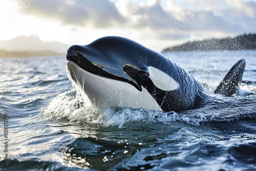 Orca breaching with mountains backdrop, dynamic wildlife moment, majestic marine mammal, nature's powerful beauty captured