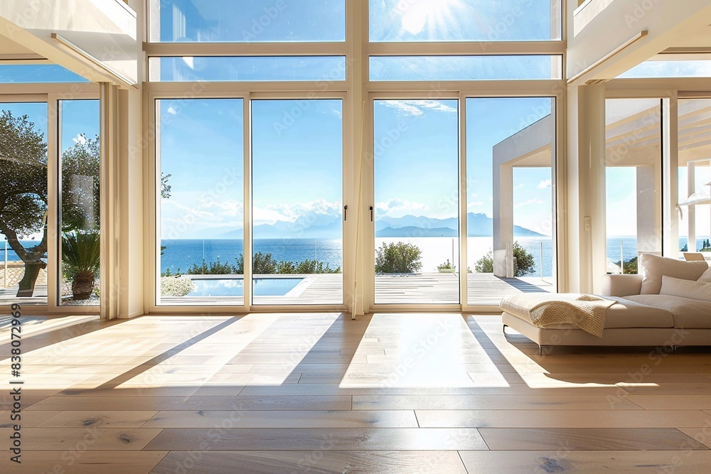 Fototapeta premium Large sunny room with expansive views through broad windows, minimalist and serene